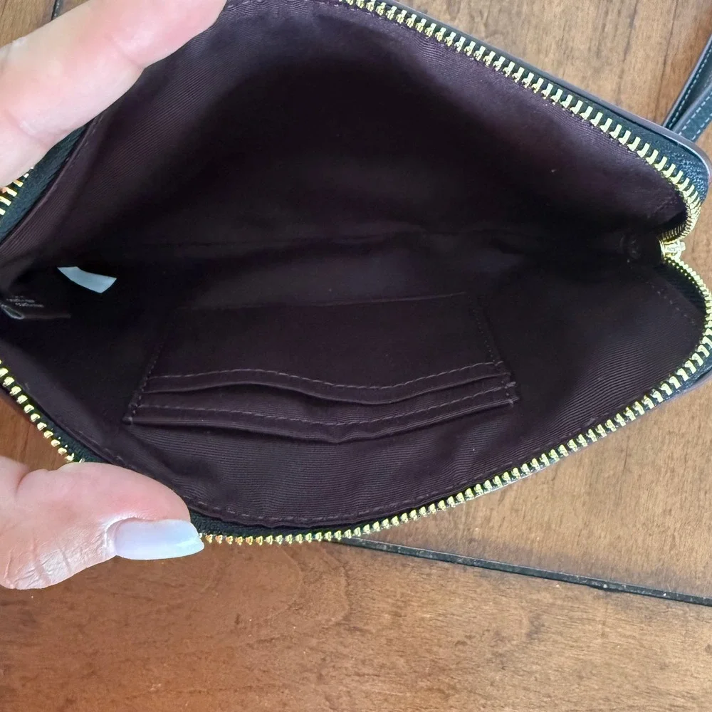 Coach Black Pebbled Leather Embossed Logo Large Wristlet Gold Hardware Wallet